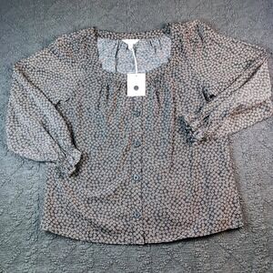 Women's Size M NWT Floral Ditsy Button Front Blouse Square Neck Ruffle Cuff